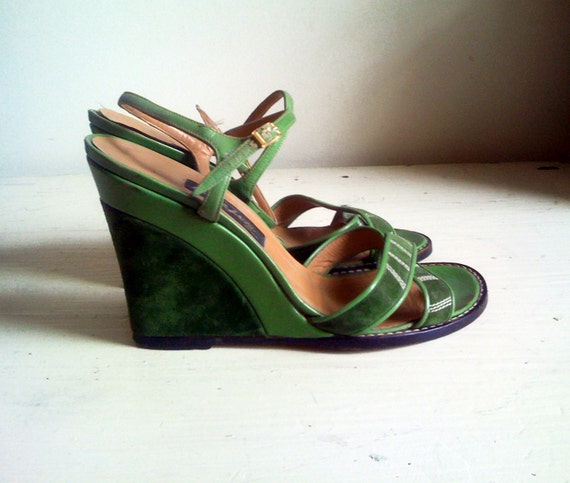 green leather and suede wedge heels size 7