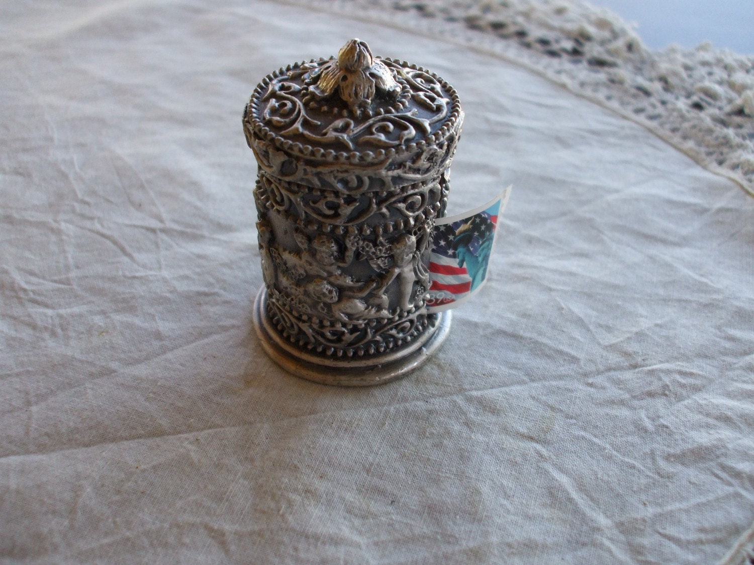 Vtg Pewter Postage Stamp Dispenser with Little Cherubs all