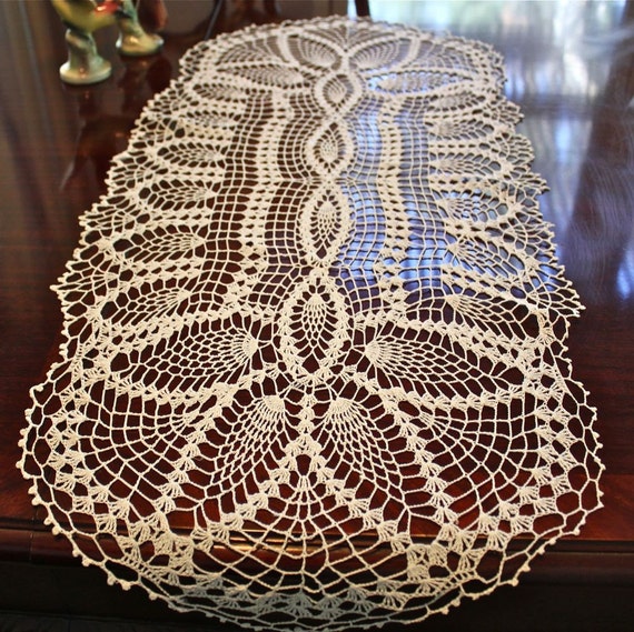 Vintage Oblong White Cotton Crocheted Table Runner Doily