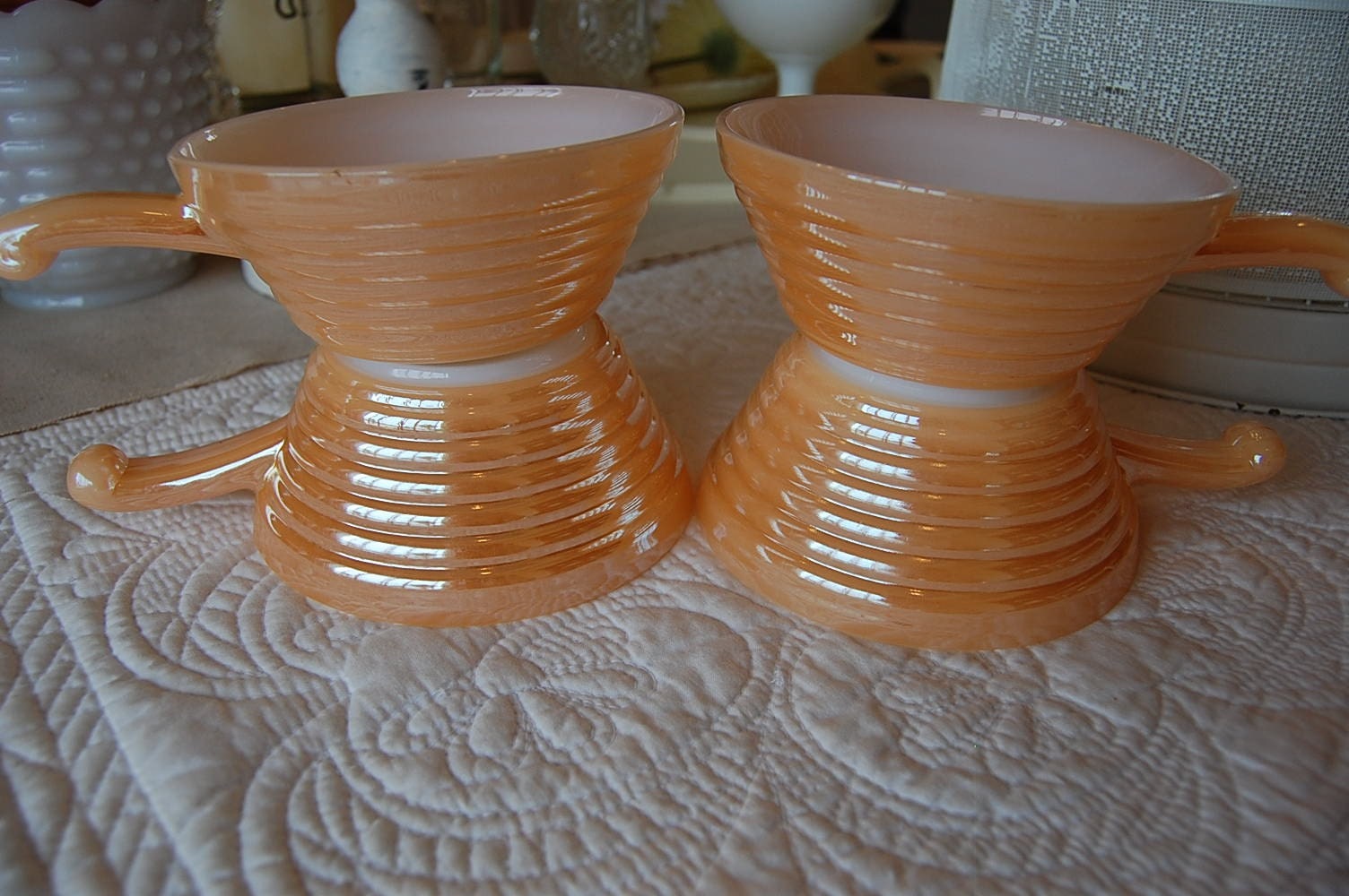 Vintage Fire King Oven Ware Bowl With Handle Peach Lustre 4