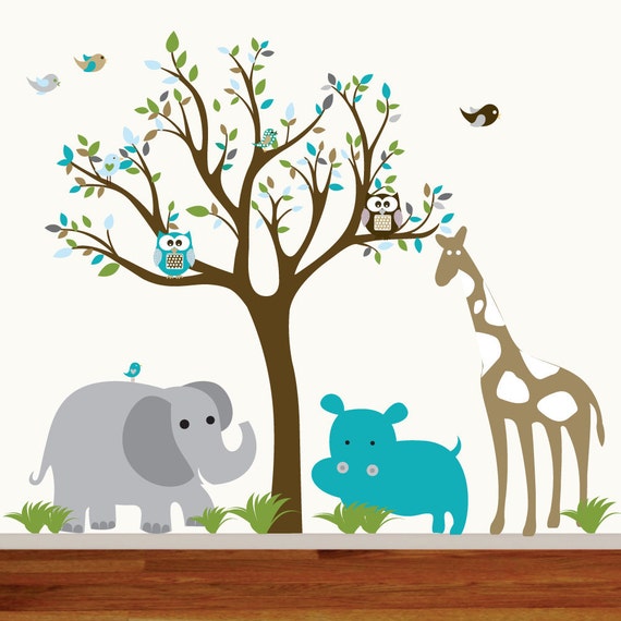 Wall Decals Nursery Wall Decal Tree with Elephant Giraffe Owls