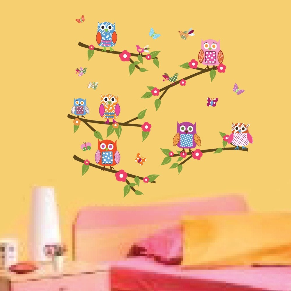 Vinyl Wall Sticker Decal Owls Birds Butterflies Branch