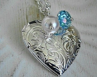 Silver Heart Locket Wedding Bride Mother Wife Sister Pearl Lightweight Crystal Daughters Birthday Picture Photos - My Birthstone