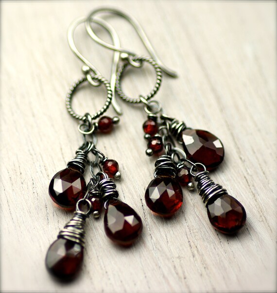 Wire Wrapped Cluster of Garnet Earrings on Oxidized Sterling