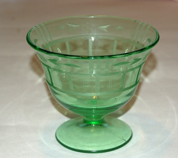 Vintage Green etched depression glass Compote by honeybeepollen