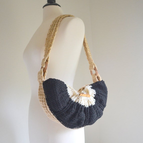 Half Moon Hobo Handbag Handmade Crochet Purse Black Tan