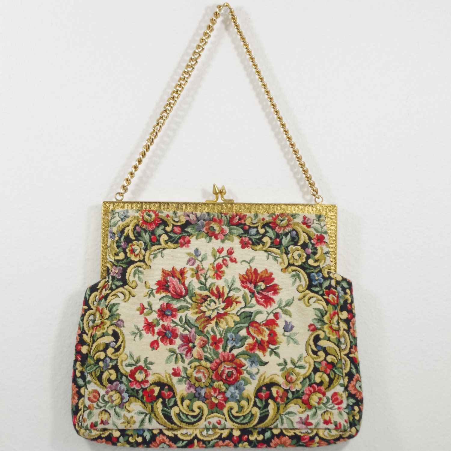 Vintage Tapestry Purse Floral Chain Link Handle Fabric