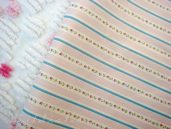 French Blue Ticking Stripe Pink Floral Antique Fabric 29W