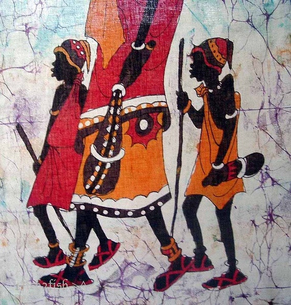 African Art Vintage Batik Painting Mother & Children Walking