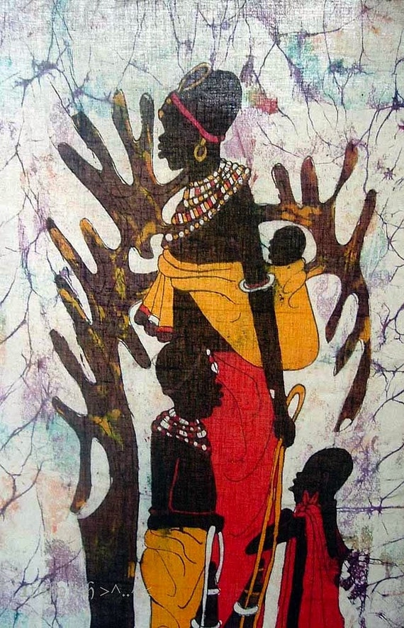 African Art Batik Painting Tribal Family Mom Children with