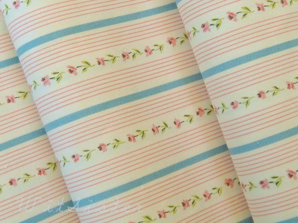 French Blue Ticking Stripe Pink Floral Antique Fabric 29w 0630