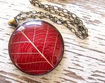 Real Leaf Necklace - Lovely Red Leaf Necklace in Antique Brass - Pressed Flower Jewelry