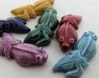 12 Large Koi Fish Beads - mixed - glazed - Ceramic, Peruvian, Animal, Pond