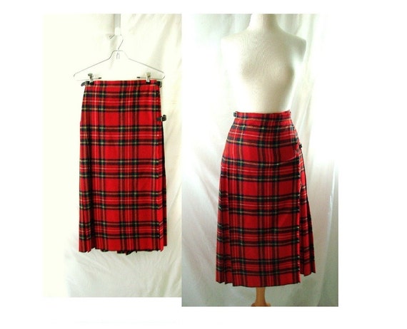Red Plaid Skirt / Pleated wool Plaid High Waist Skirt Kilt