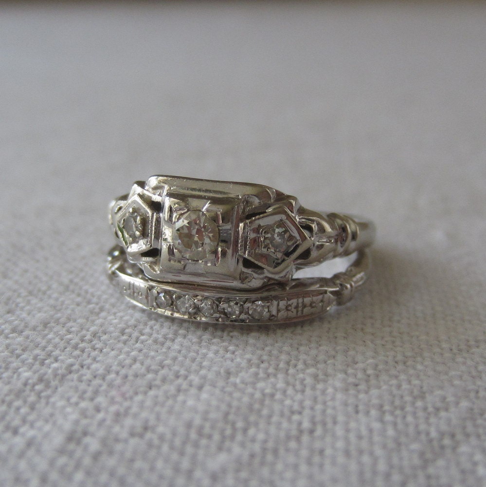Art Deco Wedding Set. Engagement Ring. Wedding Band. Diamonds