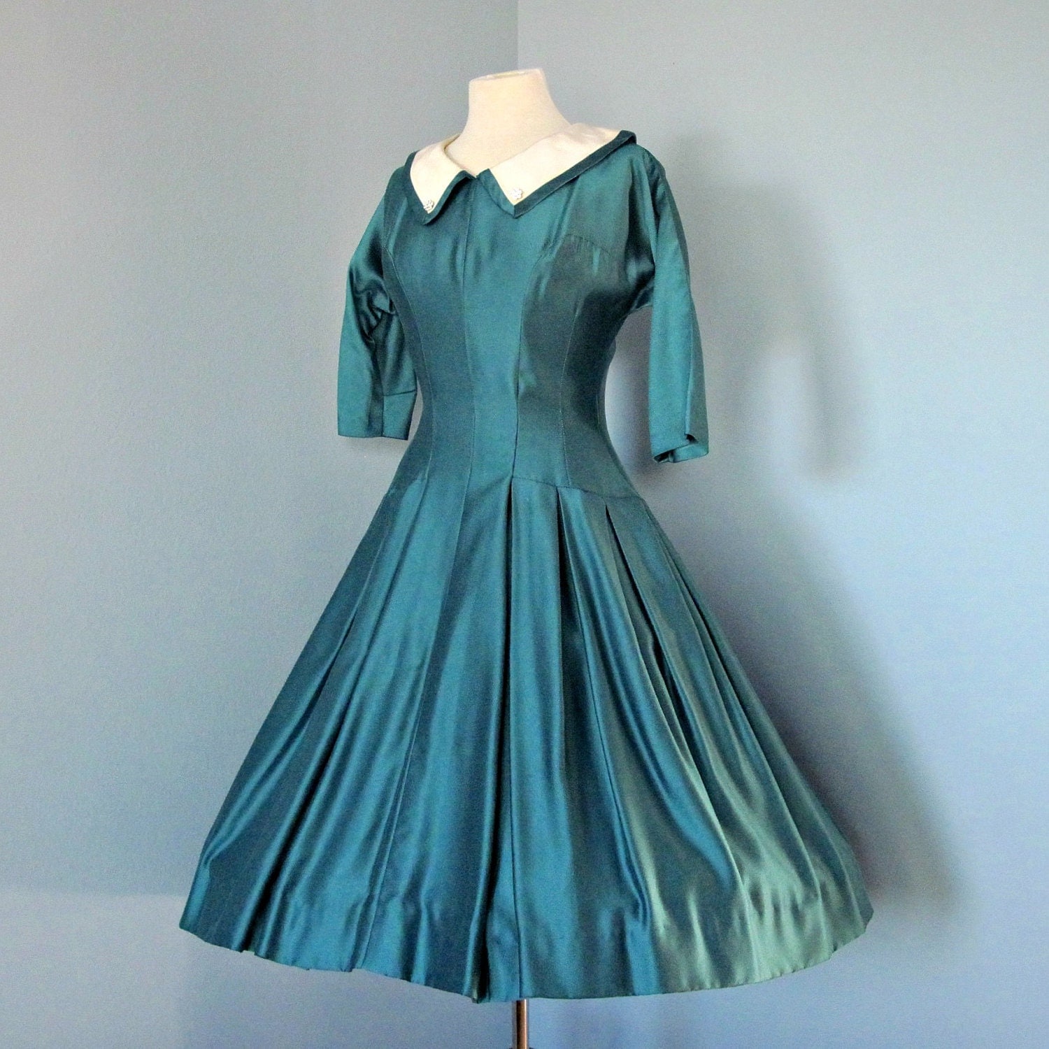 Vintage Teal Day Dress...Beautiful 1950s Teal Gabardine Day