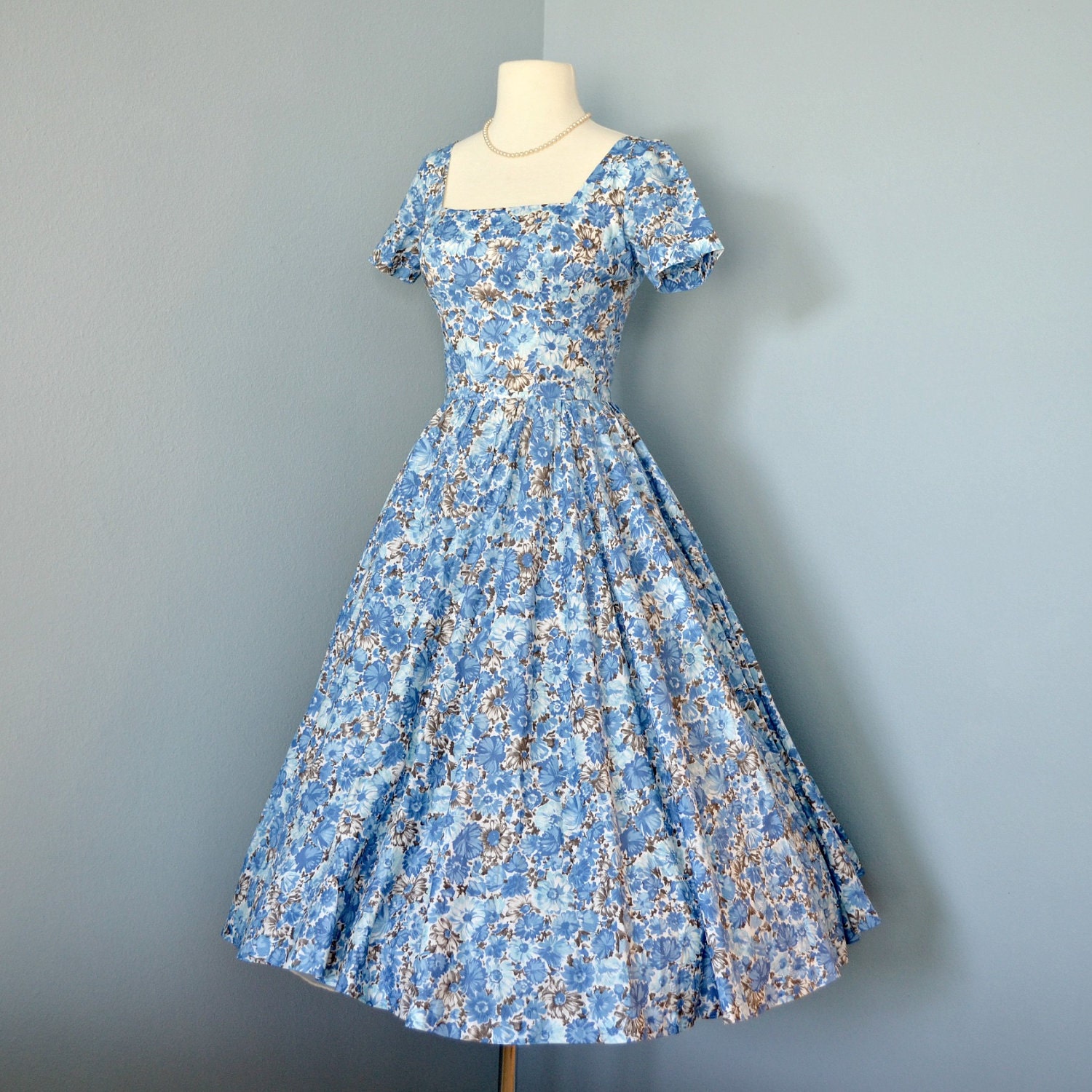 Vintage Cotton Day Dress Lovely 1950s 1960s Cotton Blue And