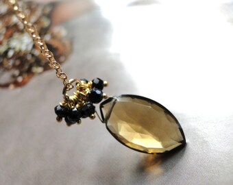 Jewelry Necklace, 14k Gold Gemstone Necklace Statement Necklace, Gemstone Whiskey Quartz Necklace, Black Garnets