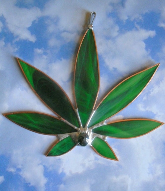 Green Stained Glass Cannabis Pot Weed Marijuana Leaf