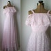 vintage 1970s lace gown 70s pink lace floor length off the shoulder romantic ruffle gown / dream date S A L E