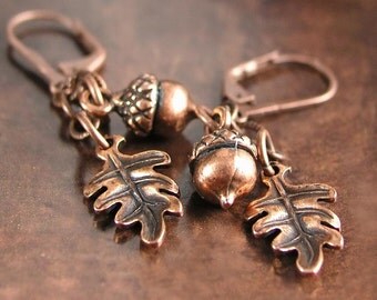 Copper Acorn Earrings Antique Copper Oak Leaf Earrings Autumn Acorn Dangle Drop Earrings Fall Fashion Rustic Copper Earrings Acorn Jewelry