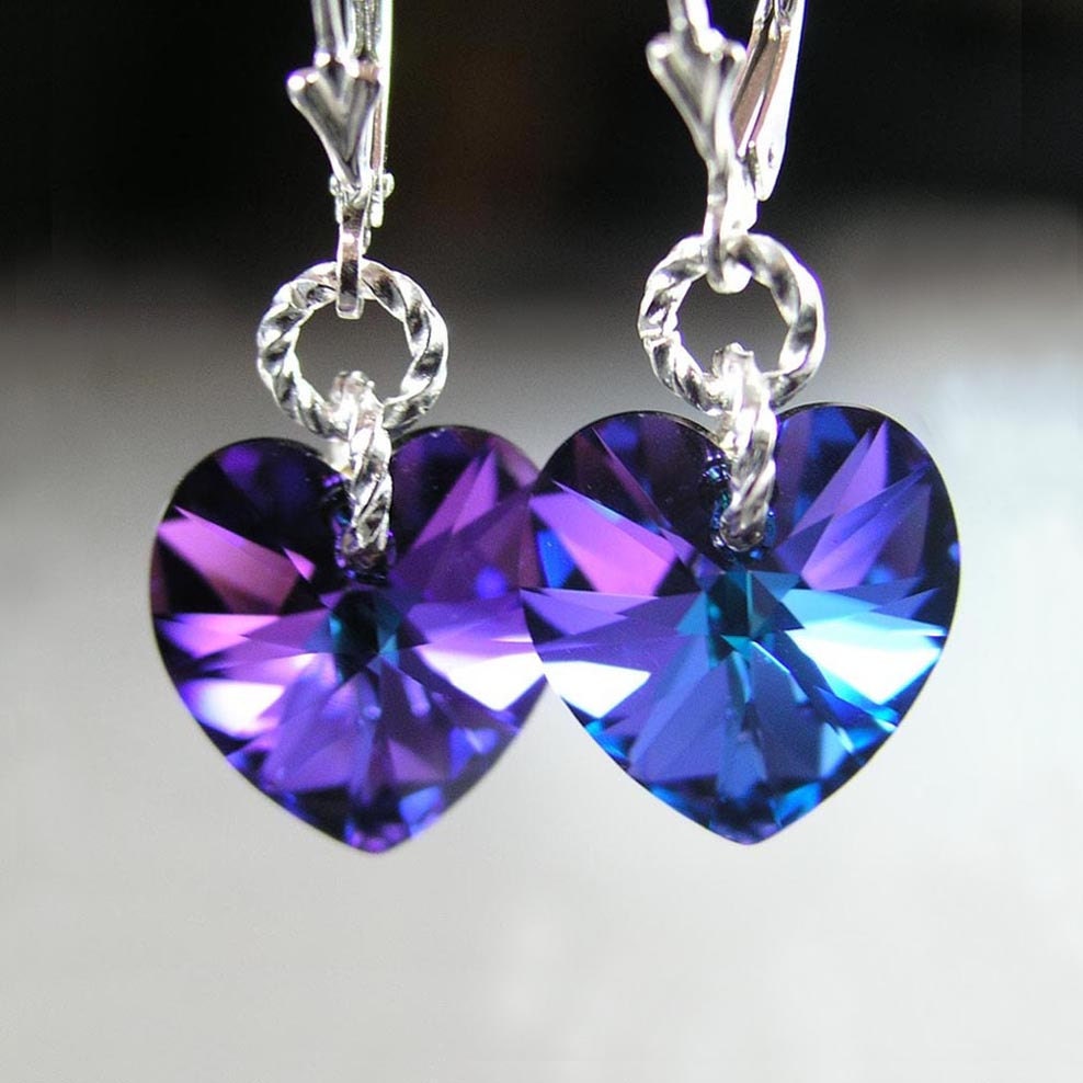 Purple Heart Earrings Sterling Silver Earrings Swarovski