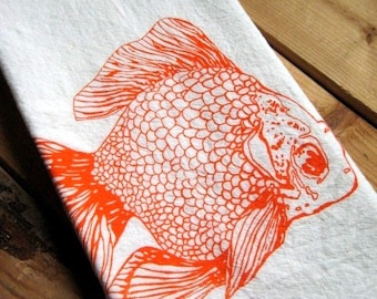 Tea Towel - Screen Printed Flour Sack Towel - Handmade Kitchen Towel - Eco Friendly - Natural Cotton - Classic Flour Sack - Goldfish Towel