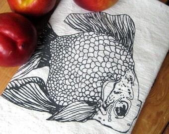 Tea Towel - Screen Printed Flour Sack Towel - Absorbent Dish Towel - Eco Friendly Cotton Towel - Goldfish - Nautical Home Decor - Flour Sack