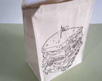 Reusable Lunch Bag - Screen Printed Recycled Cotton Lunch Sack - Reusable and Washable - Eco Friendly Lunch Box - Deli Sandwich - Lunch Tote