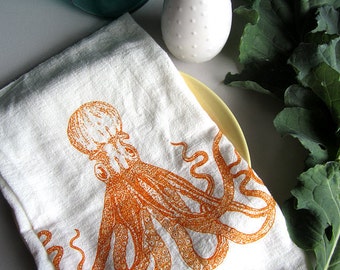 Tea Towel - Screen Printed Flour Sack Towel - All Natural Cotton - Octopus - Nautical - Kitchen Towel - Dish Towel - Handmade - Screenprint