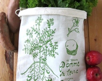 Reusable Produce Bags - Set of 2 - Screen Printed Natural Cotton Produce Bags - Eco Friendly - Botanical Potato - Bulk - Produce - Grocery