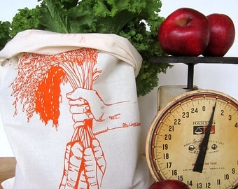 Reusable Produce Bags - Set of 2 - Screen Printed Natural Cotton Produce Bags - Eco Friendly - Carrots - Bulk - Produce - Grocery Bags