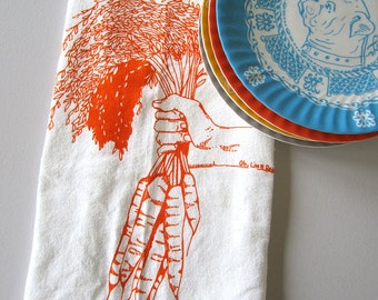 Tea Towel - Screen Printed Flour Sack Towel - Carrots - Eco Friendly - Botanical - Classic Flour Sack - All Natural Cotton - Kitchen Towel