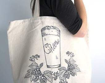 Screen Printed Recycled Cotton Canvas Tote Bag - Eco Friendly Grocery Bag Shopper Tote - Reusable and Washable - Craft Brew Illustration