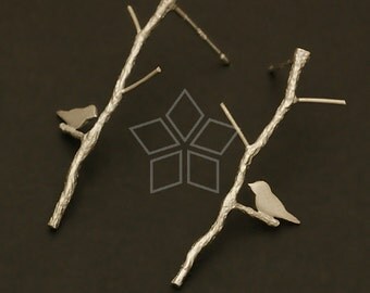 SI-455-MS / 2 Pcs - Tree and Bird Earrings, Matte Silver Plated, with .925 Sterling Silver Post / 14mm x 30mm