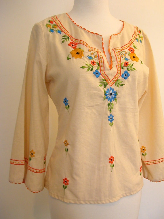 60s Hippie Shirt Peasant Blouse 1960s Boho Top Linen Gisela SM