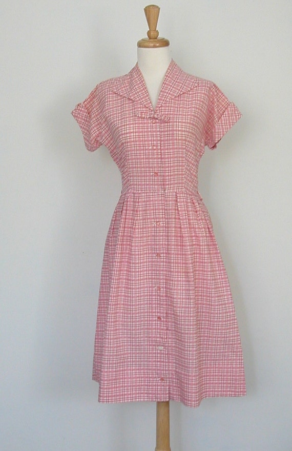 Vintage 50s Dress 1950s pink dress plaid cotton shirtwaist