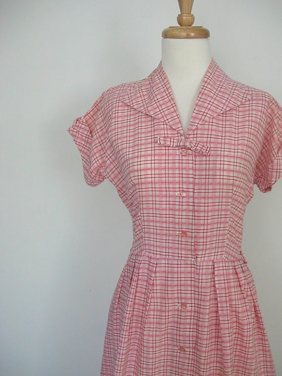Vintage 50s Dress 1950s pink dress plaid cotton shirtwaist