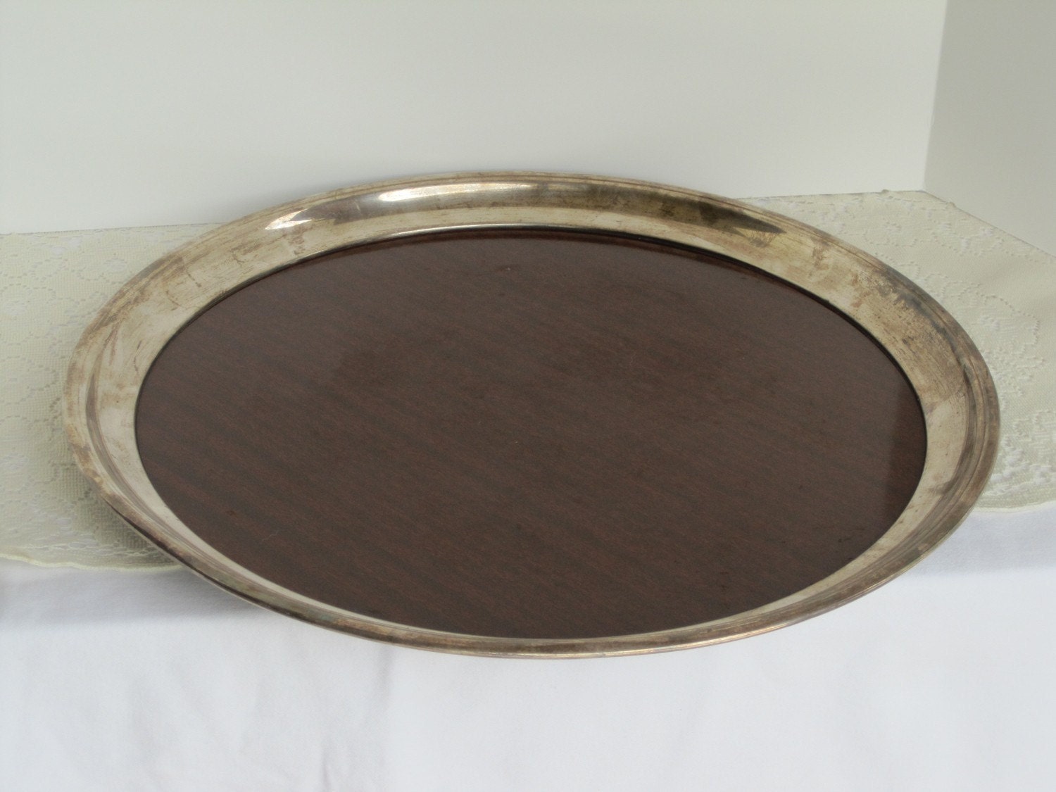 Large Round Tray Silverplate Rim Formica Faux Wood