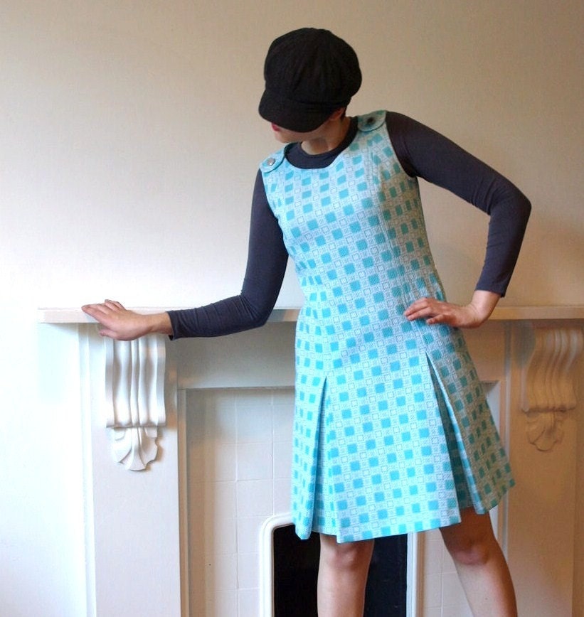 1960s blue mod crimplene pinafore tunic dress with box pleats