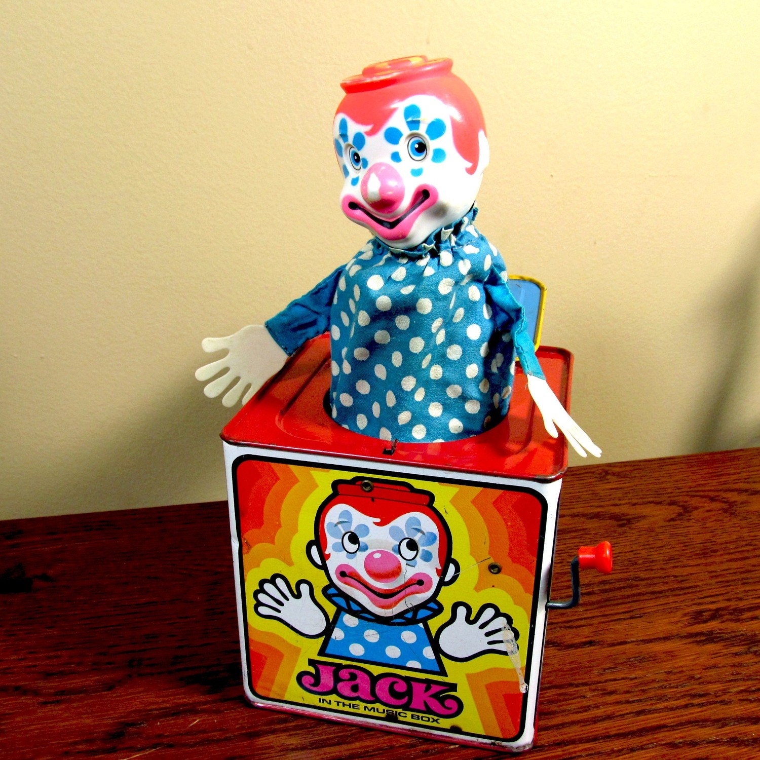 1971 Mattel Pressed Tin Jack in the box brightly colored and