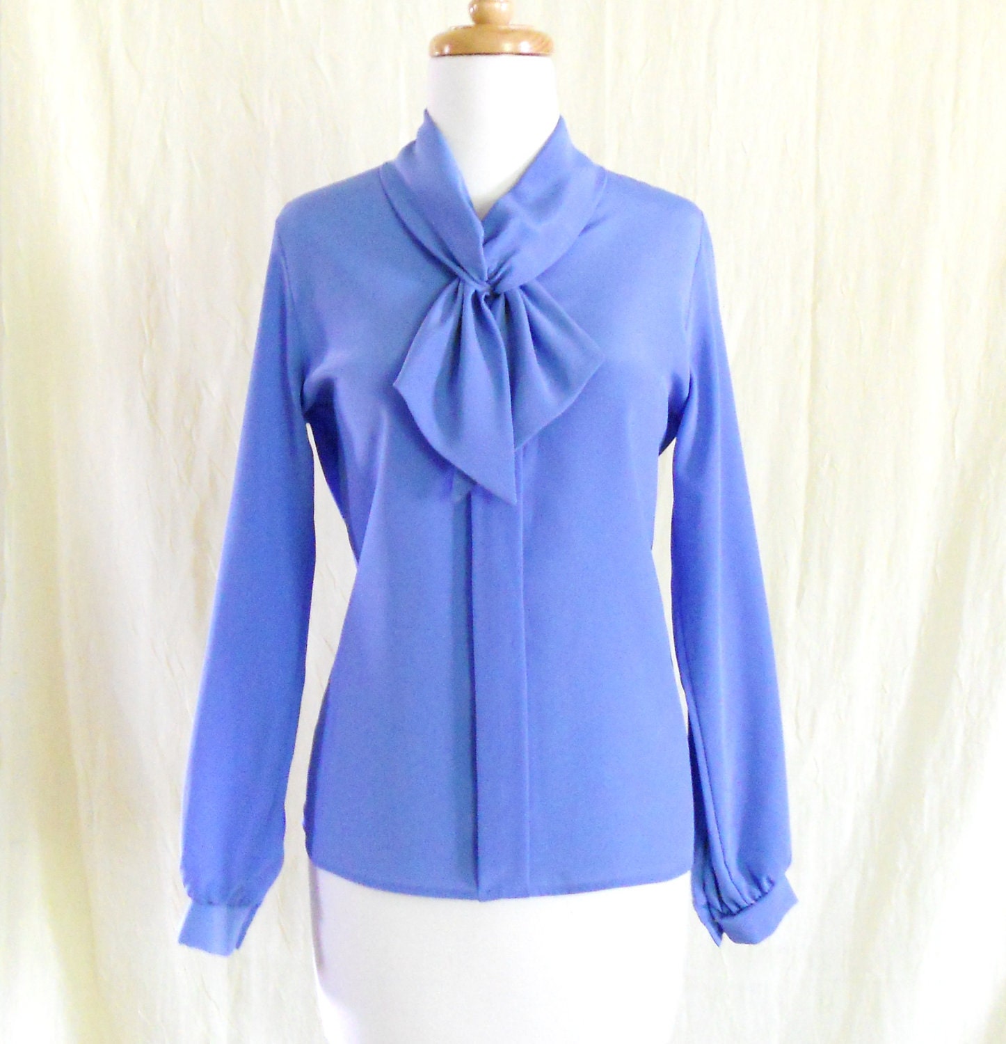 Vintage 1970s Periwinkle Blue Bow Tie Blouse Shirt Small
