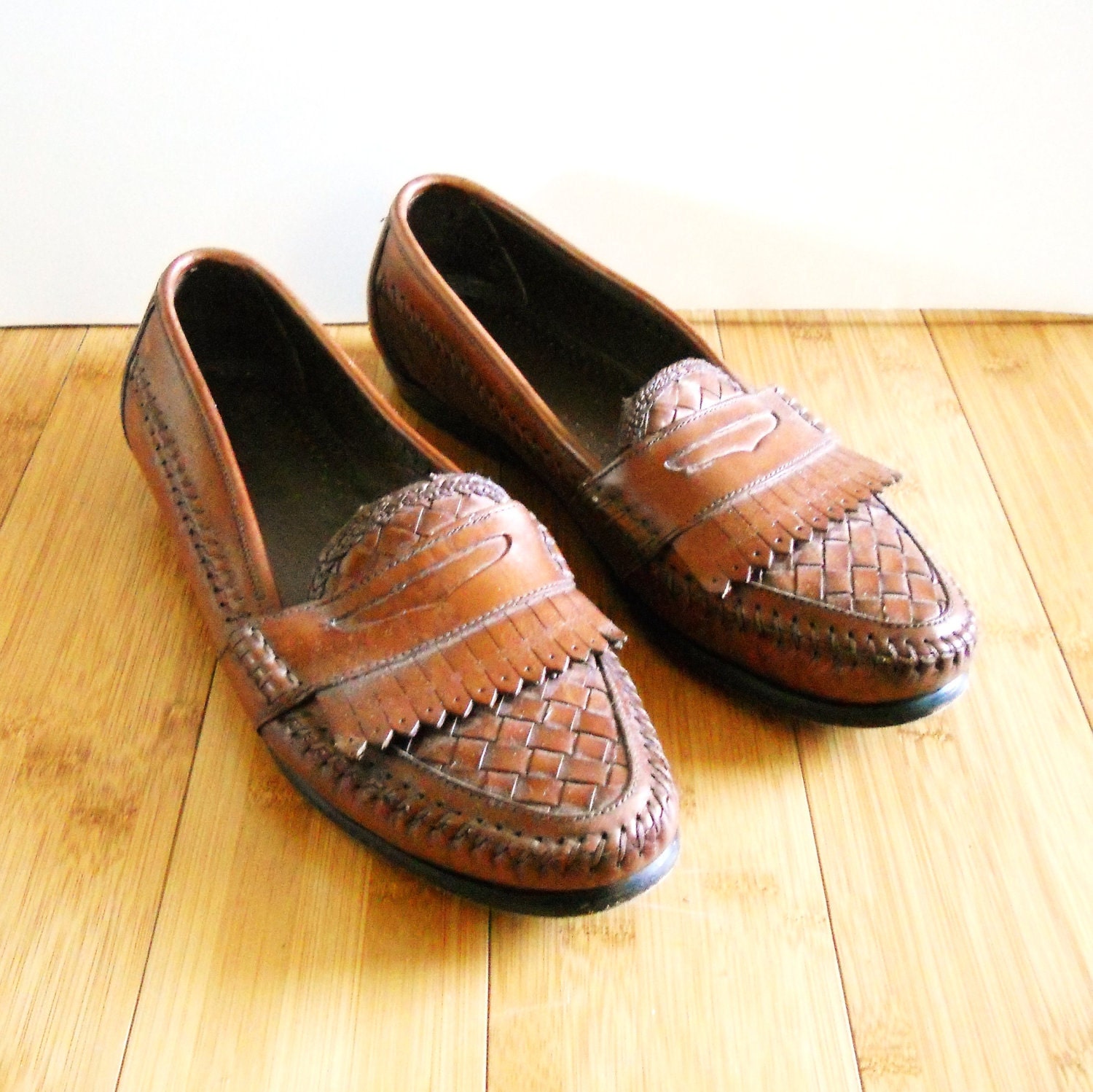 Men's Vintage Woven Brown Leather Loafers Shoes Sz 10 D