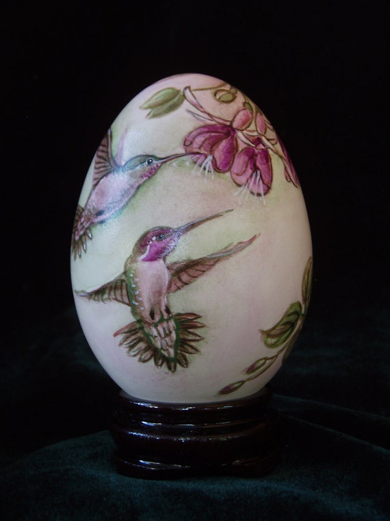 Hummingbirds and Flowers Hand Painted On Goose Egg Shell Egg