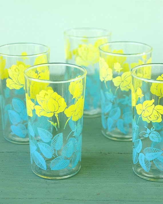 Vintage Yellow and Aqua Drinking Glasses