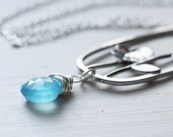 Sky Blue Chalcedony Pendant Sterling Silver Necklace - Flower's Dew