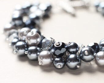 Grey Silver Wedding Jewelry Pearl Cluster Bracelet - Nightshade - LAST ONE