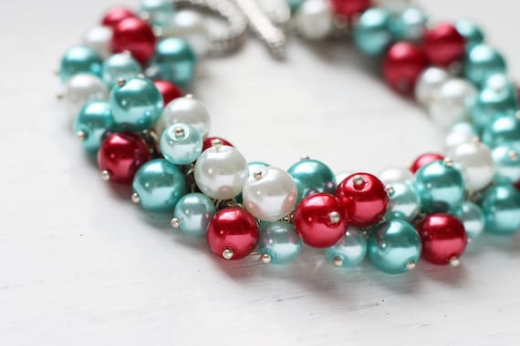 Teal Red Wedding Bridesmaid Jewelry Pearl Cluster Bracelet - Carnival