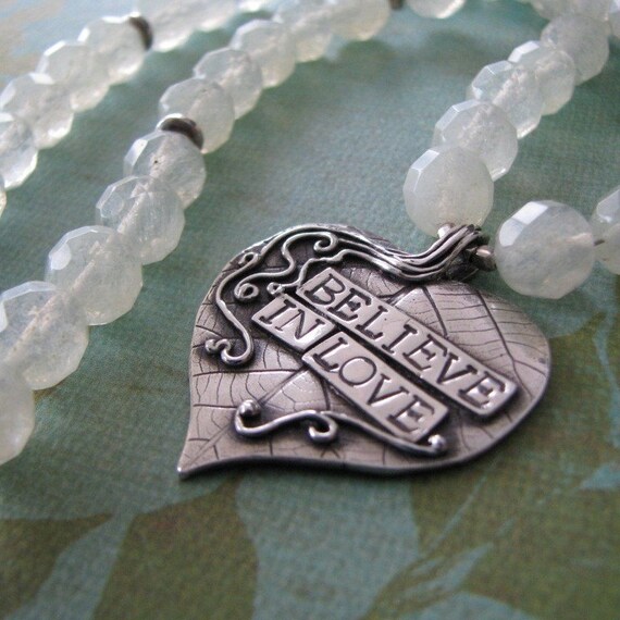 Artisan PMC Jewelry Fine Silver Heart Leaf Pendant Gemstone