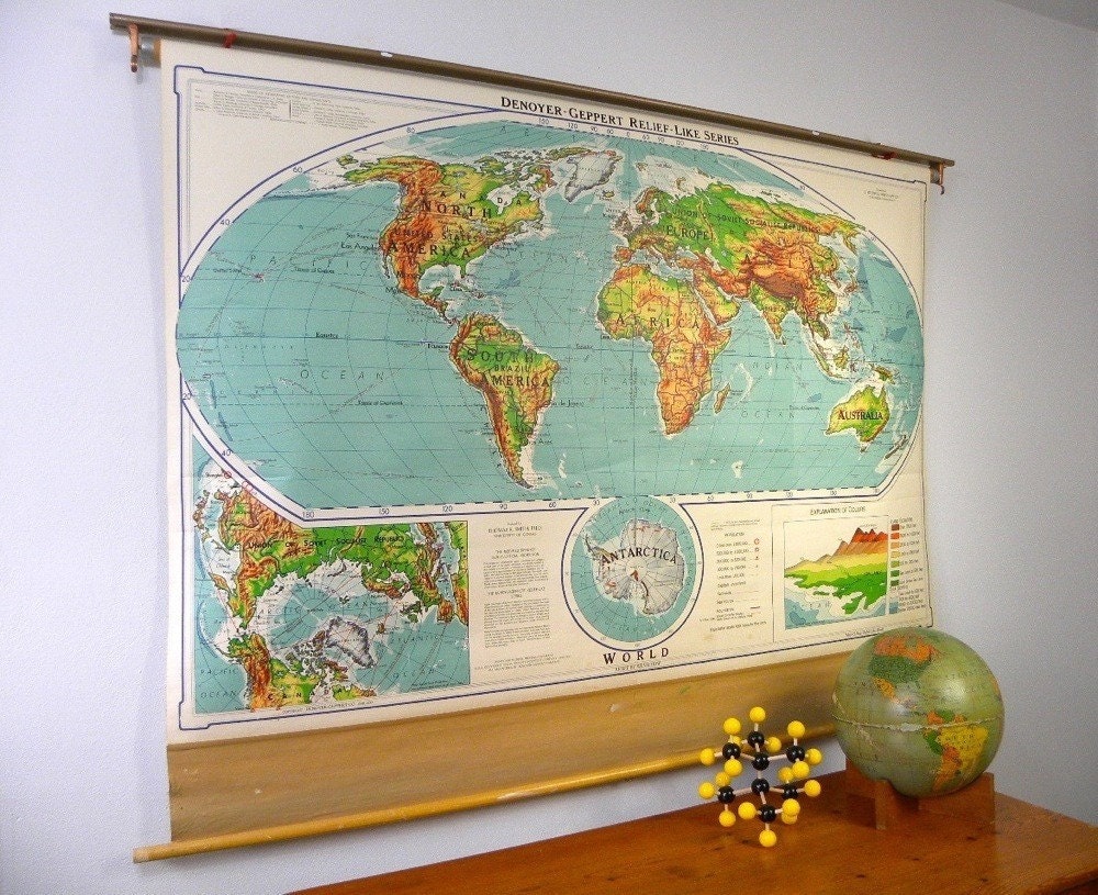 Fantastic 1963 Pull Down World Map Classroom Roller Map